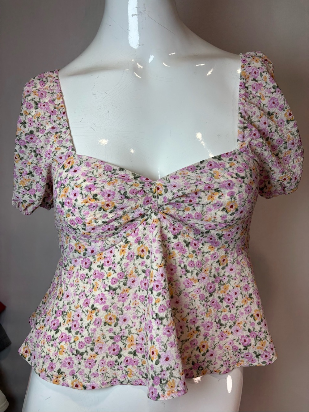 Altar'd State Pink Floral Tie-Front Puff Sleeve Blouse